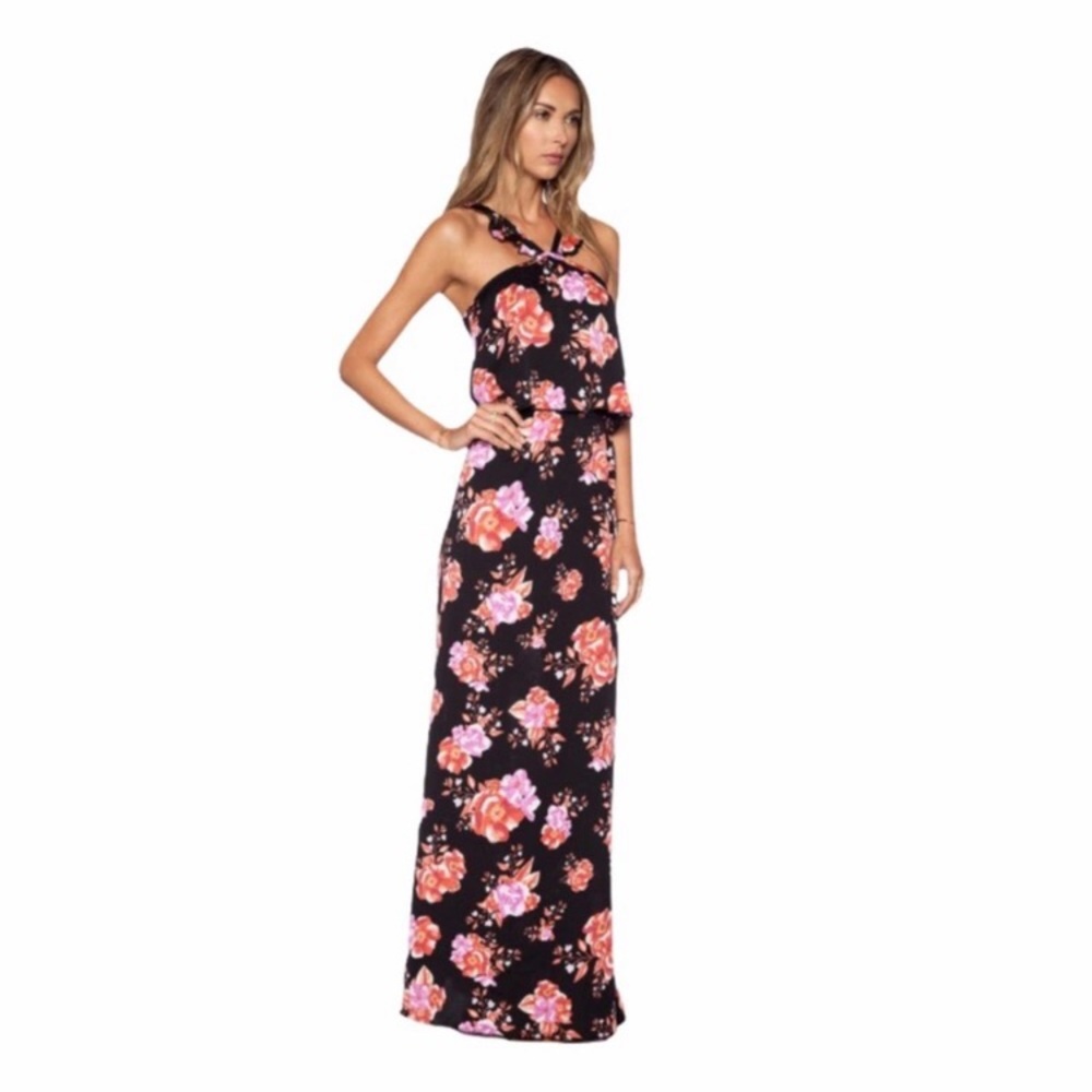 Tularosa x Revolve Santorini Floral Maxi Dress Black Pink Slit Size Small